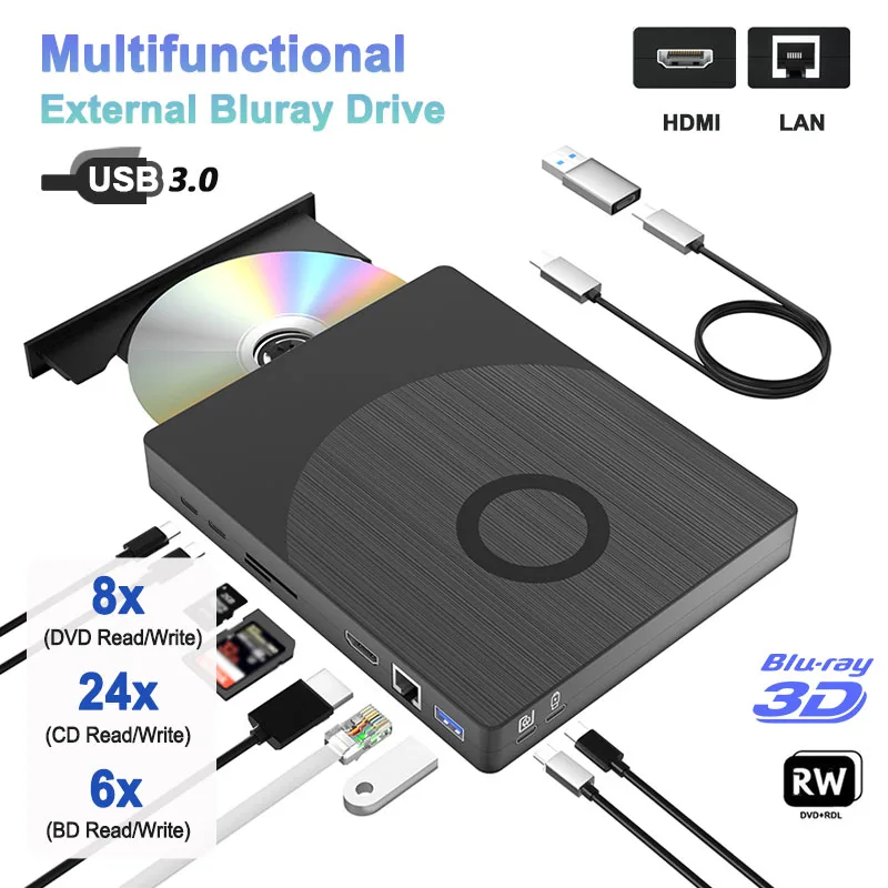 

8-in-1 External Bluray Drive with HDMI and LAN Interfaces BD DVD CD -/+RW Optical Drives Reader for Laptop PC Windows 11 10 Mac