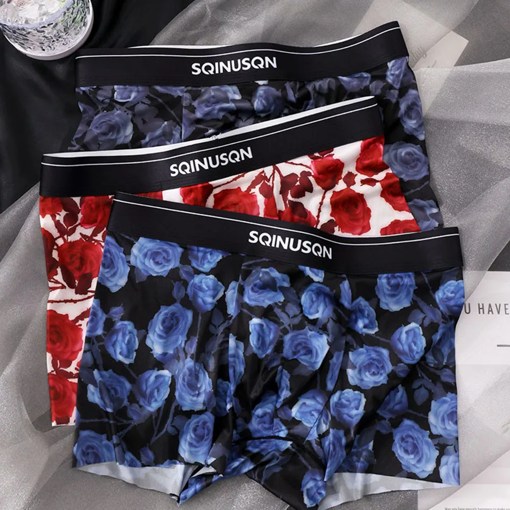 Men Rose Printed Retro Underwear Boxer Shorts Breathable Seamless Trunks Panties Boxer Shorts Sexy Thin Flat Corner Panties