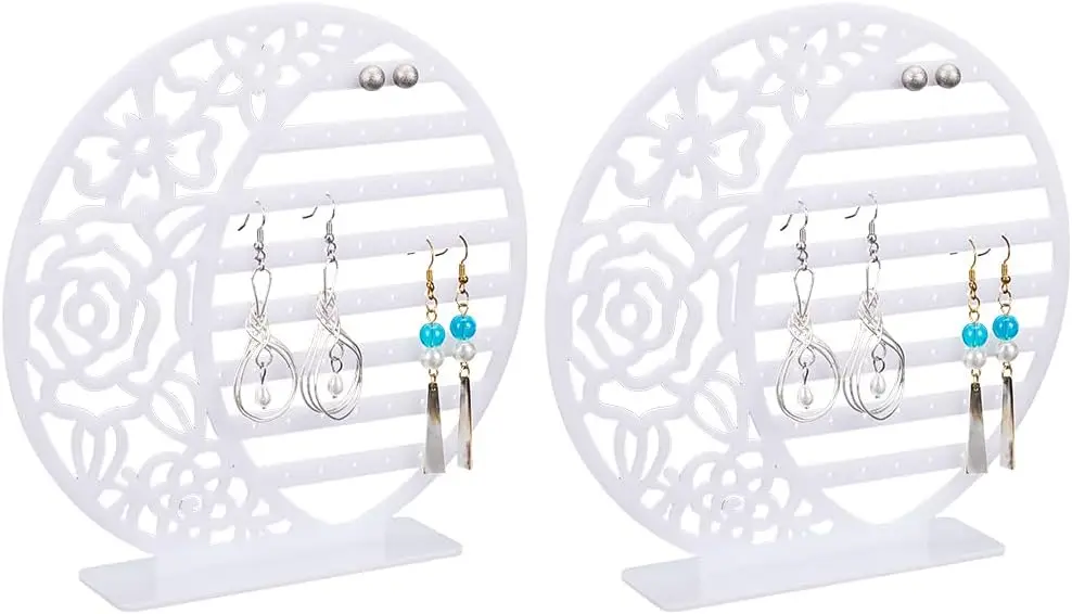 8-Tier Mirror Acrylic Earring Display Stands, 2 Pack Flat Round with Flower Jewelry Stand Display for Ring Earrings Necklace