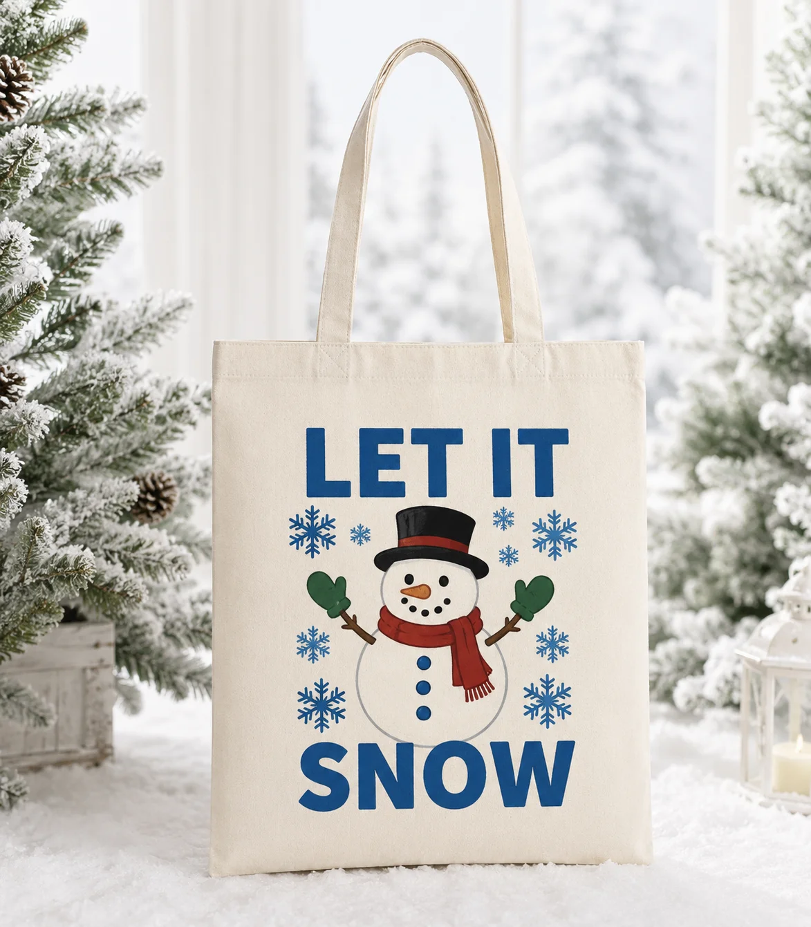 Custom 10ps Canvas Tote Bag Festive Reindeer Snowflake Custom Name Logo Text Large Shopping Gift Handbag For Women Family Party