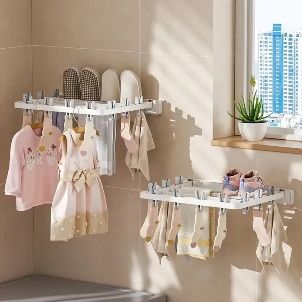 Folding Drying Rack Wall Mounted Household Use Space Saving Underwear and Sock Clip Drying Towel Sock Stand Bathroom Towel Rack