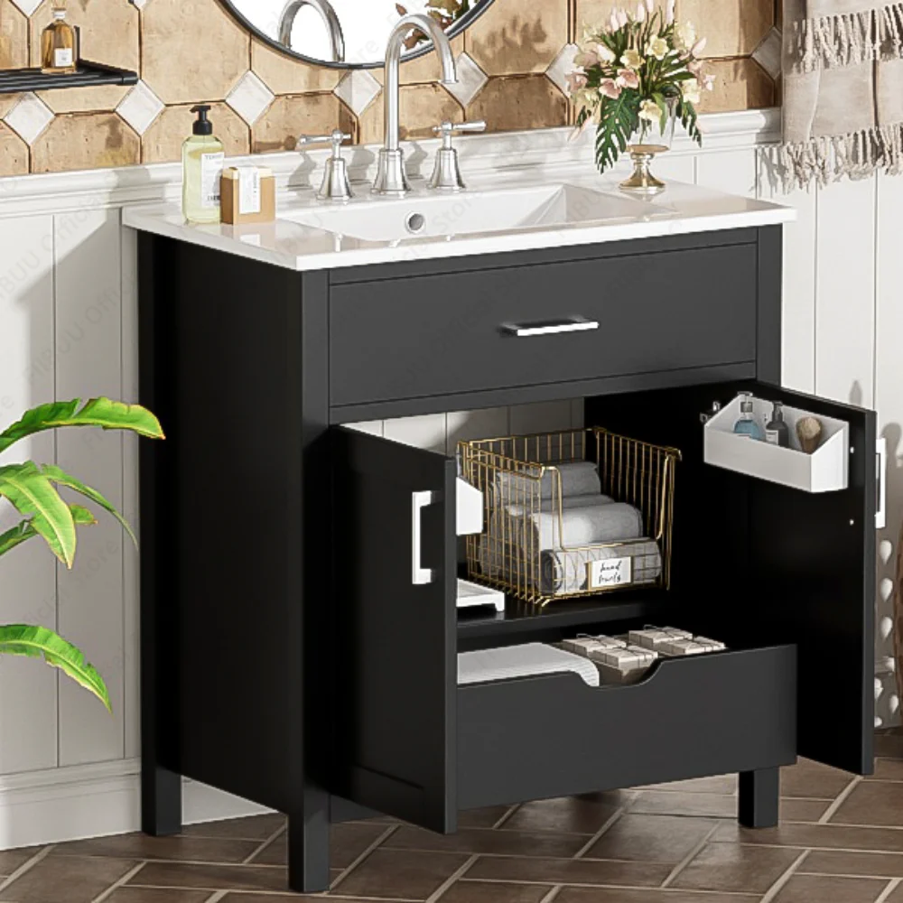 30 "ขนาดเล็กห้องน้ําอ่างล้างจาน Soft Close ประตูตู้ Undermount อ่างล้างจานเซรามิคตู้สําหรับห้องน้ําขนาดกะทัดรัด