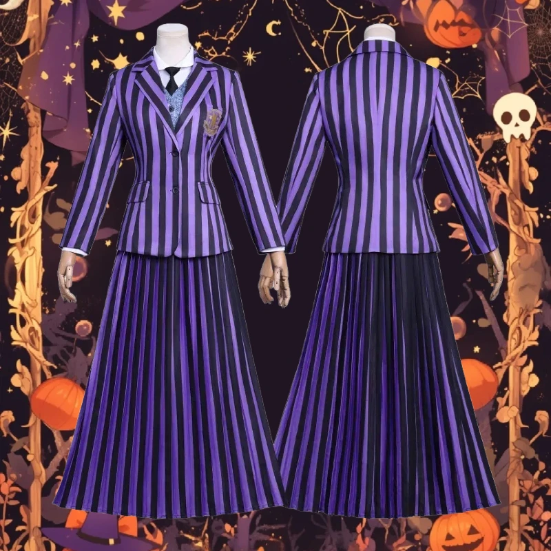 

Movie Halloween Wednesdays Cosplay Costume Purple Stripes School Uniform Suit Wig Full Set Role Play Outfit Theme Party
