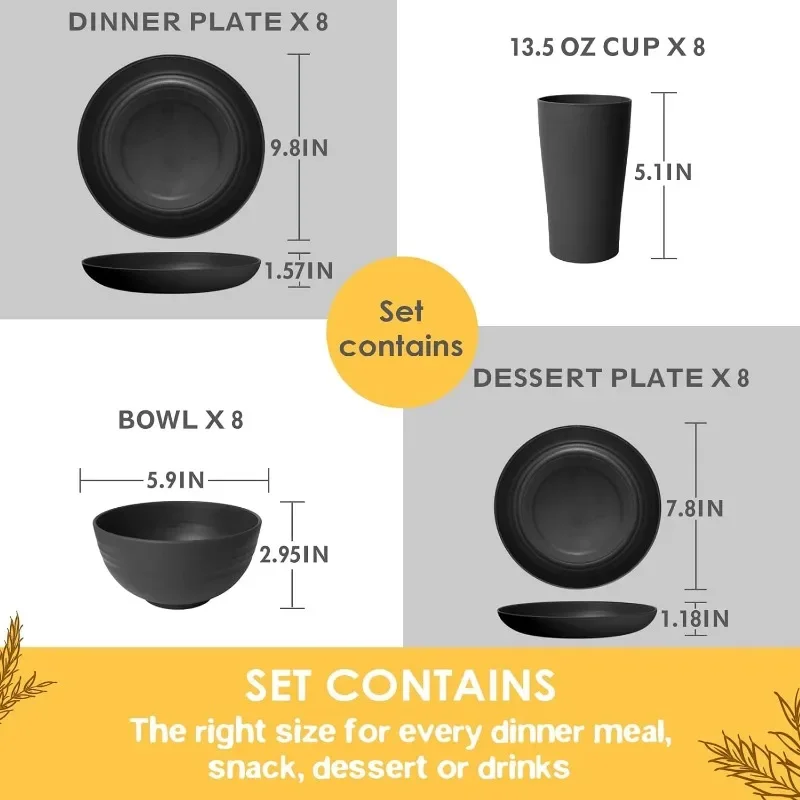 Kitchen Plastic Wheat Straw Dinnerware Set, Service for , Dinner Plates（ Pure White/Black）optional