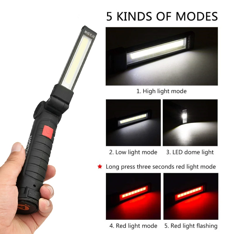 COB LED Work Light Foldable 5 Modes Waterproof Emergency Light Handled Flashlight with Magnet Auto Repair Light USB Worklights