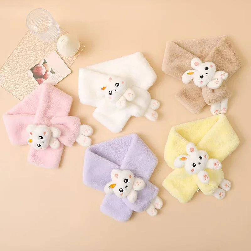 Winter Warm Baby Scarf Cute Cartoon Rabbit Cross Scarves for Kids Boy Girl Solid Color Thicken Plush Neckerchief
