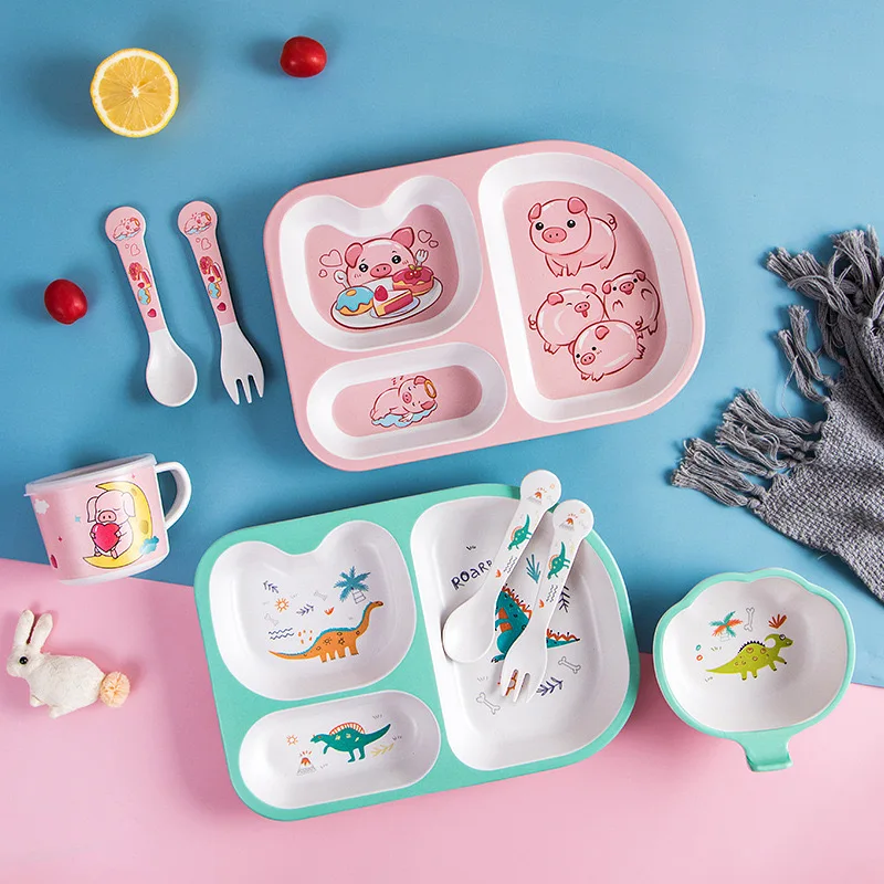 Bamboo fiber cartoon children's tableware set five-piece baby food cartoon cute plate children eating tableware bowl cup