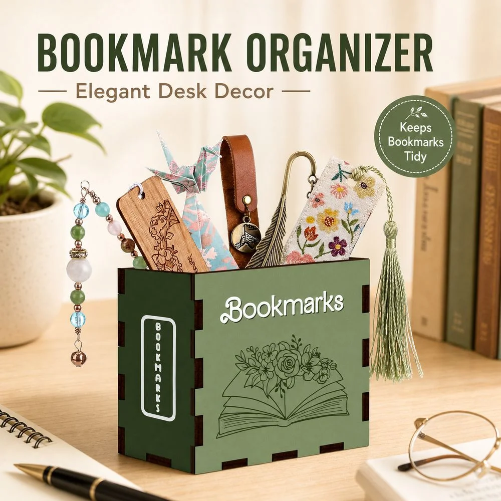 Wood Bookmark Storage Box Book Shaped Printed Pattern Desktop Storage Box Compact Desktop Organizer Box Desktop Organization