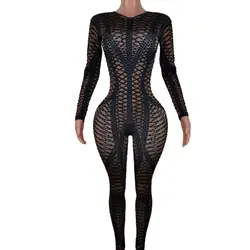 Sexy Geometric Patterns Jumpsuit Woman Sparkly Stones Bodysuit Stage Wear Celebrate Female Singer Crystals Costume Outfit Heicha