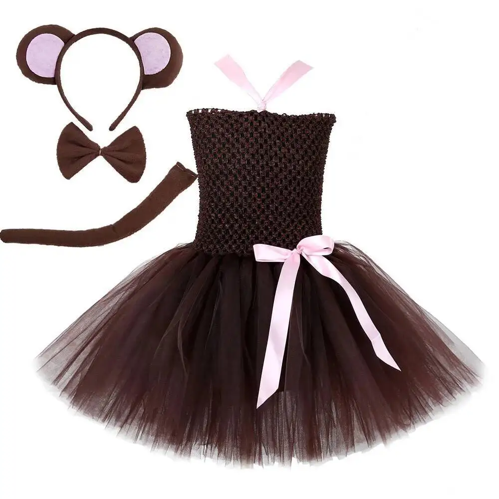 Baby Girls Pink Brown Monkey Tutu Dress for Kids Toddler Animal Fancy Costumes Children Halloween Outfit with Ears Bow Tie Tail