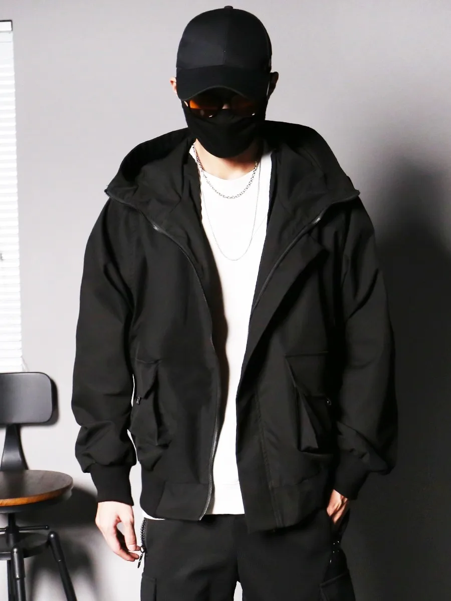 

Korean Sle ort Hooded Jaet Men's Trendy Bla Pure Color Workwear Top ex Spring Autumn Season Casual Faion