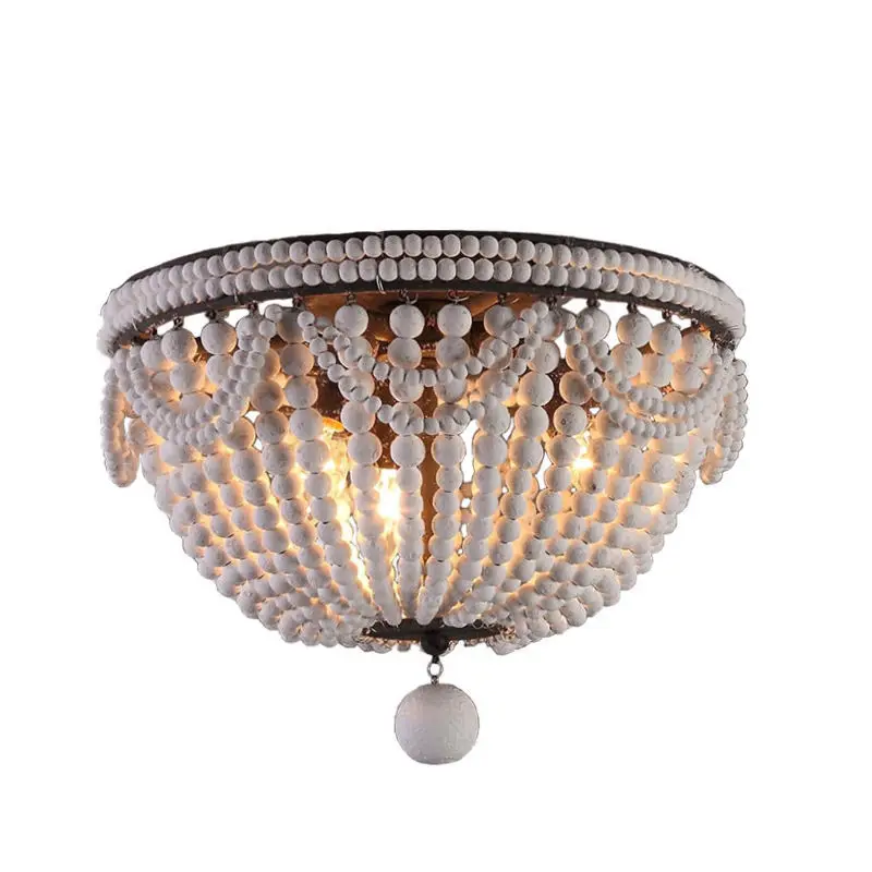 Vintage Round Ceiling Light Wood Beads Bedroom Lamp French Country Dining Room Lighting