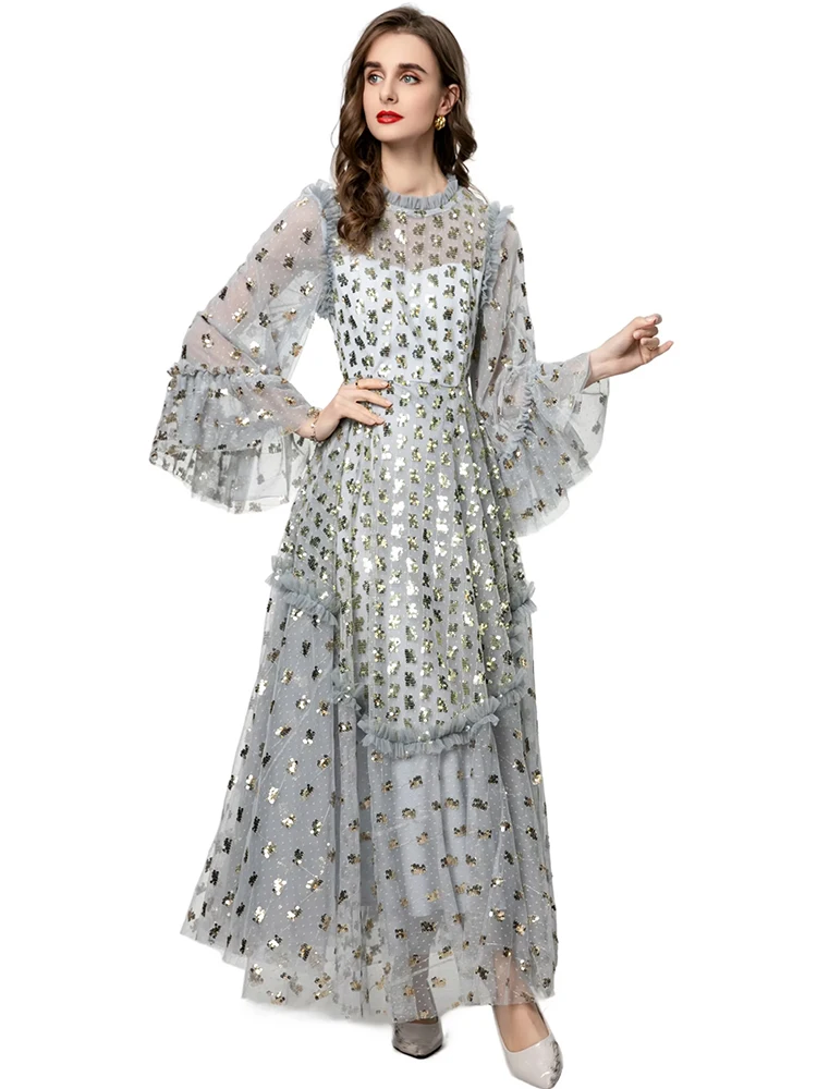 DLDENGHAN 女性の O ネックフレアスリーブスパンコール刺繍ヴィンテージボールガウンドレスファッション夏新