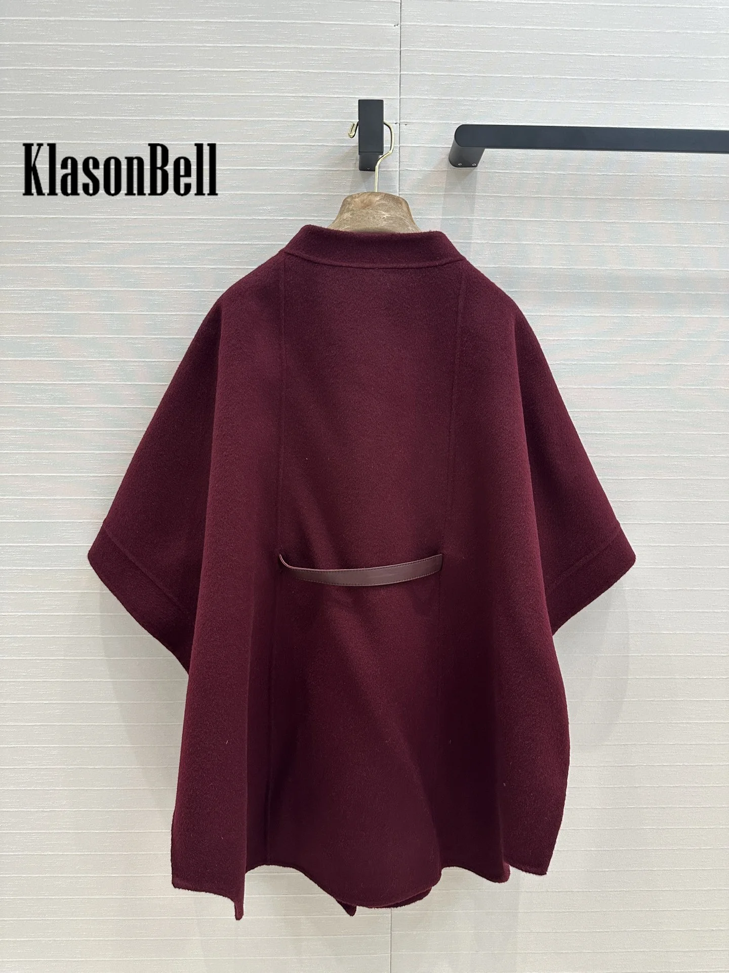 9.18 KlasonBell Women Genuine Leather Sashes Cashmere Capes Coat Covered Button Half Sleeve Loose Double-Sided Wool Coat