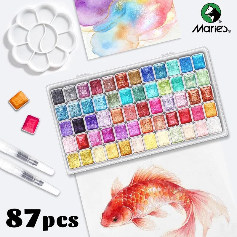 87pcs Marie's Pearl Watercolor Set,60 Colors Shimmer Paint with Water Brush,Palette,Papers for Layered Effects,Cards,Illustratio