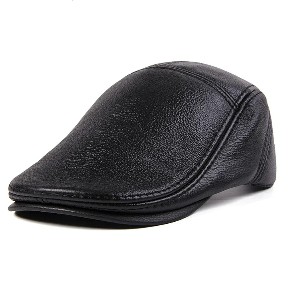 

FLAT CAP Real Leather Black Mens Beret Irish Peaked Cap Winter Newsboy Cowskin Genuine Leather Warm Adjustable Driving Hat Ivy