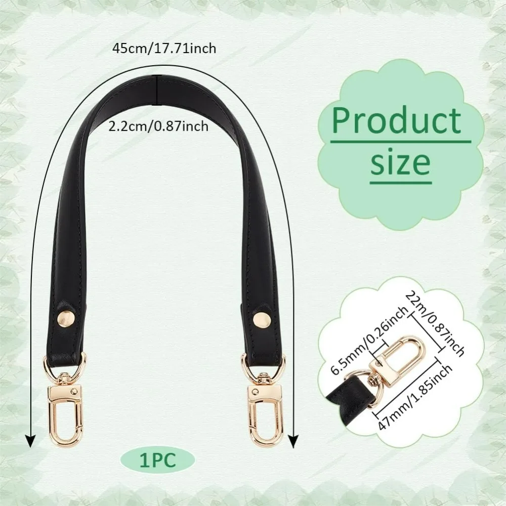 Black Genuine Leather Purse Strap 45cm/ 17.7inch Short Bag Strap Bag Handle Replacement Leather Straps with Alloy Clasps