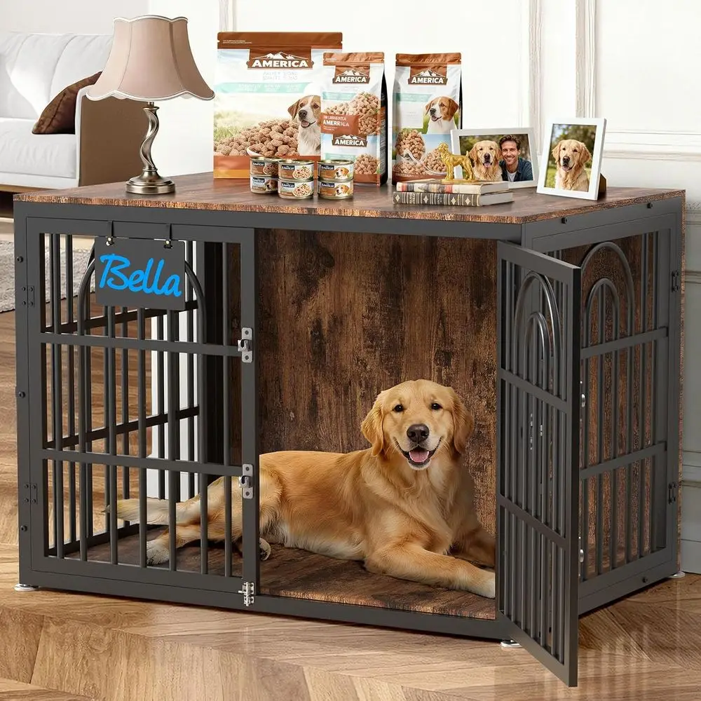 

Sturdy 42 Dog Crate Furniture, Large Dog Kennel as TV Stand, Wooden Cage End Table, Indoor Decor, Name Tag, Easy-Proof Locks & D