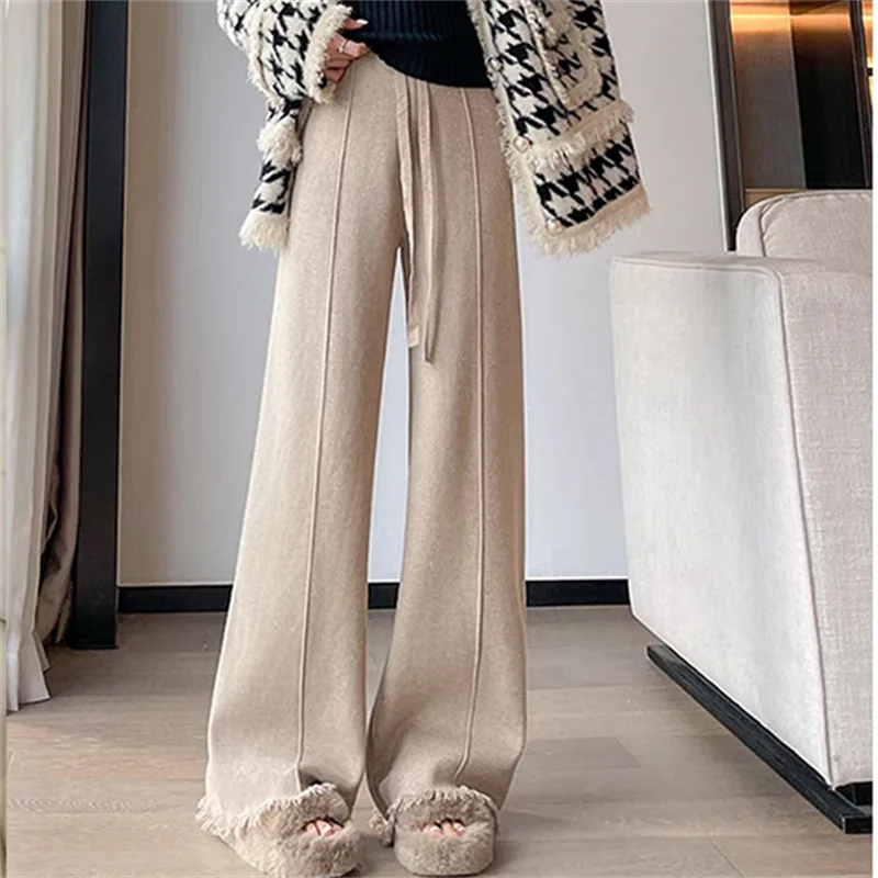 Autumn Winter Knitted Tassel Drawstring Pants Women Basics Solid High Waist Straight Pants Casual Comfortable Knitted Pants