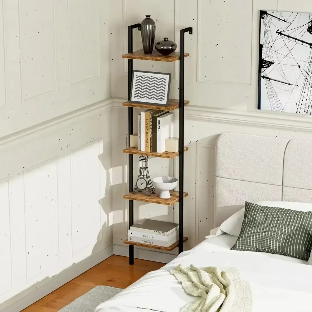 Industrial Trapezoidal Bookshelf, 5 Tier Bookshelves, Open Space Wall Mounted Bookshelves with Metal Frames, Sturdy Bookshelves