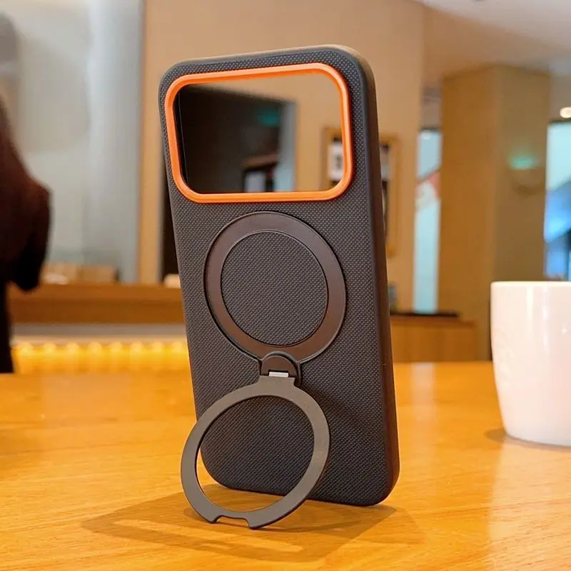 

Case For POCO F8 Pro Ultra Metal Rotating Stand Orange Ring Lens Frame Leather Cover For POCO F 8 Pro Shockproof Bumper Funda