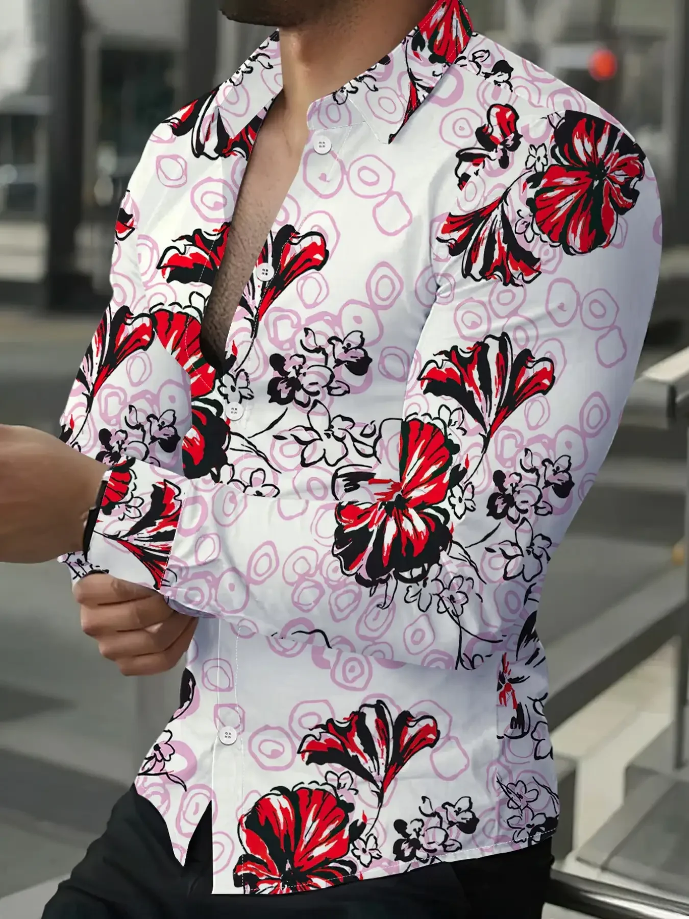 

Fashionable men's slim fit long sleeved shirt, personalized floral print, trendy casual versatile breathable top