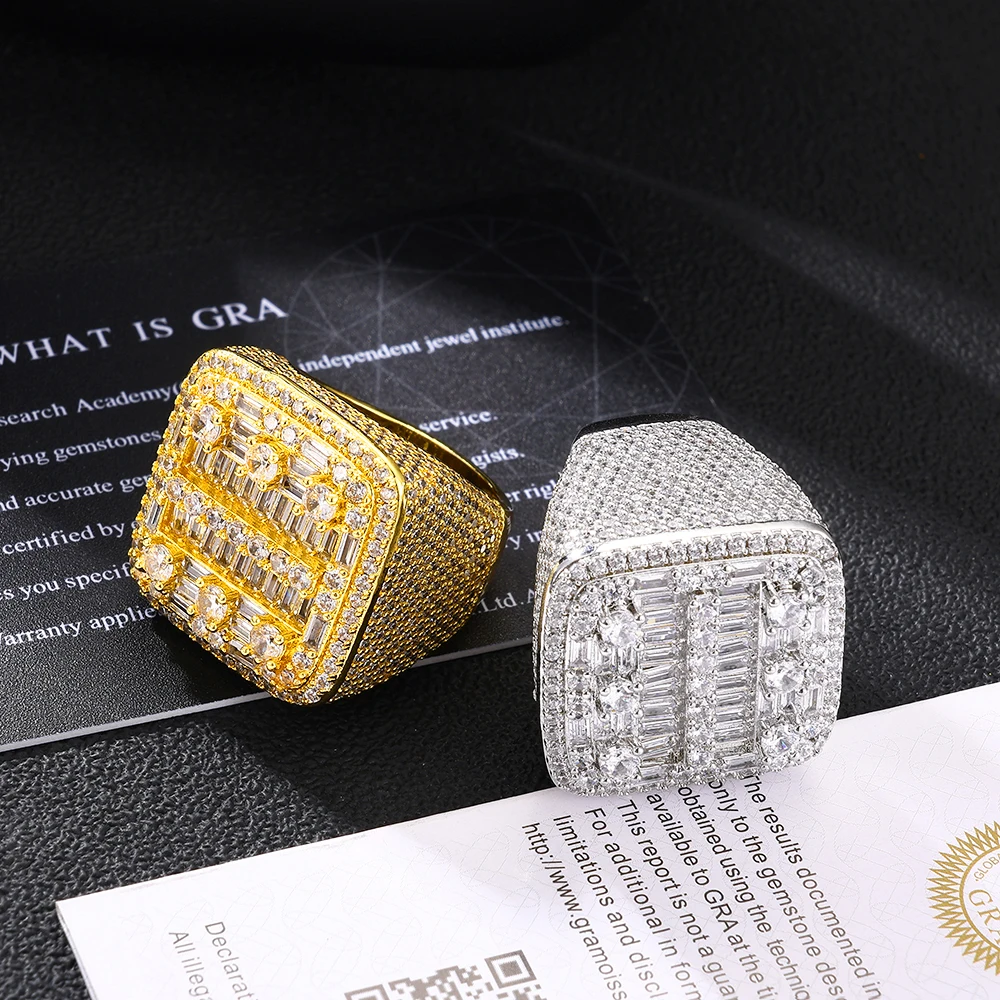 ESKEEM Brass Moissanite Wide Square Signet Ring 18K Gold Plated Micro Pave Iced Out Moissanite Hip Hop Jewelry for Men and Women