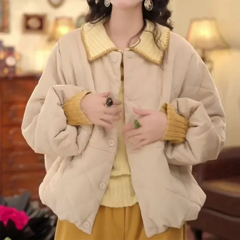 

Design Sense Round Neck Cotton Clothes Women's 2025 Winter New Solid Color Loose and Thin Thickened Warm Cotton-padded Clothes