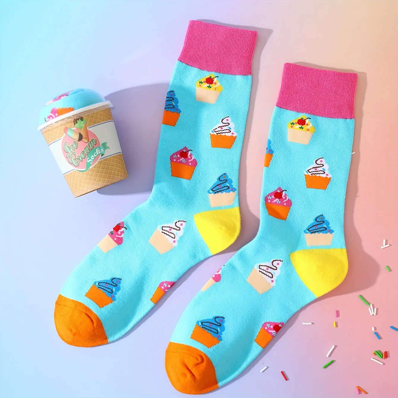 A pair of unique cake ice cream pattern men\'s and women\'s Halloween gift socks for friends, the best socks for all seasons