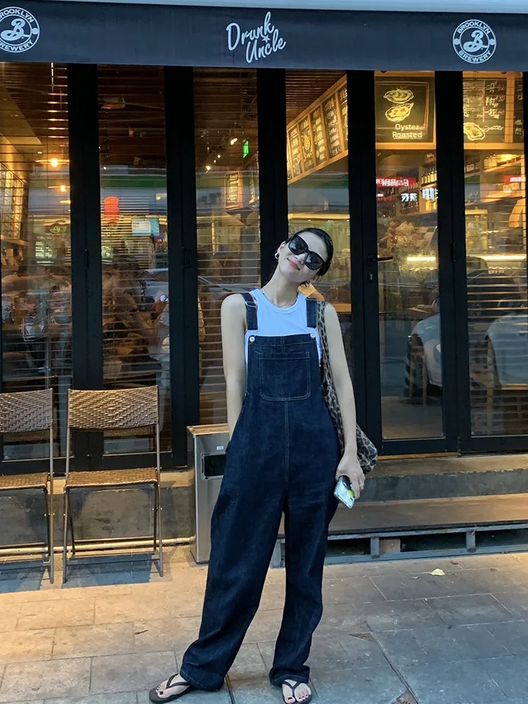 

Модный прямой джинсовый комбинезон, женский свободный крой, корейский Sle, новинка 2025, универсальный утягивающий хлопковый эластичный джинсовый комбинезон