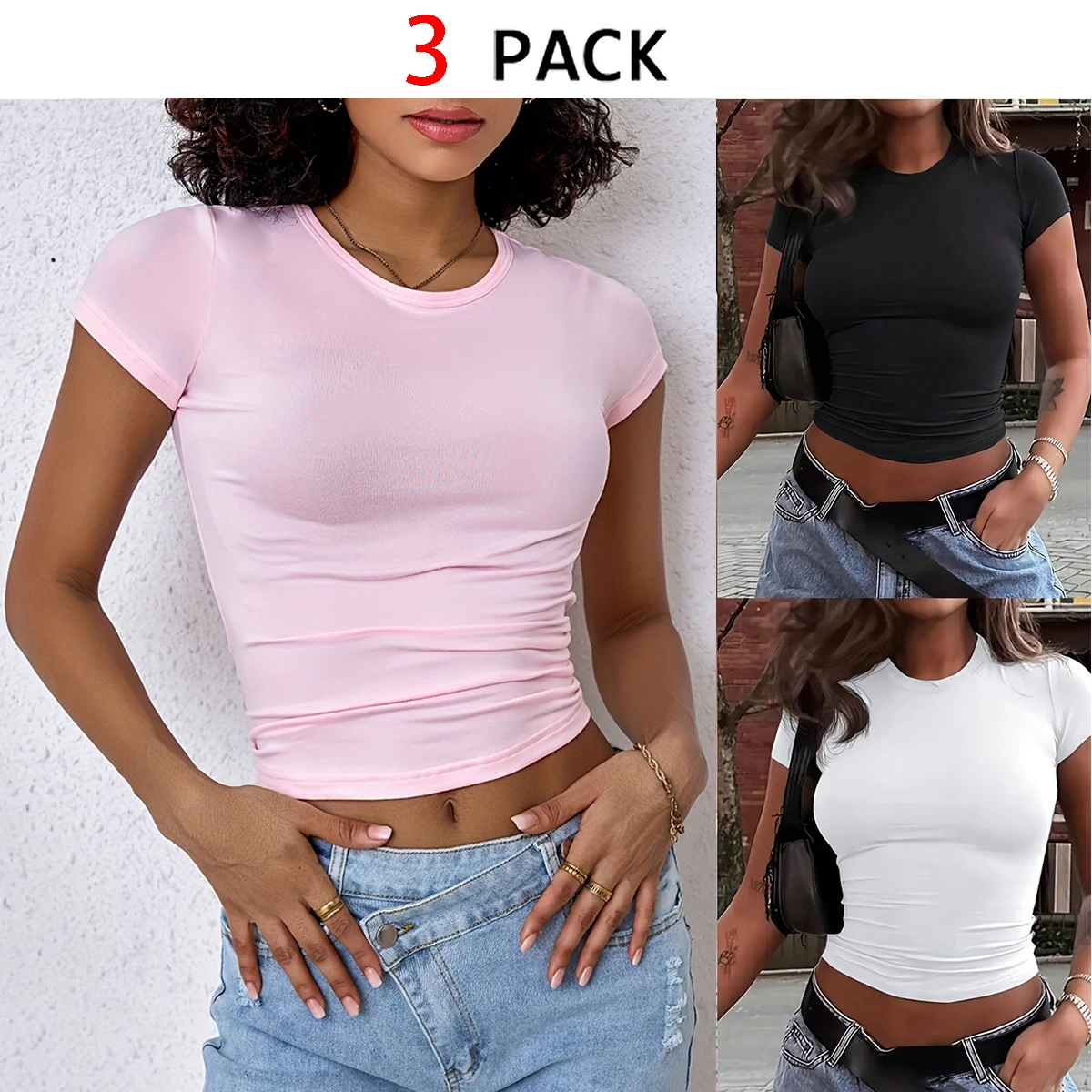 

3pcs Women's Slim Fit Short Sleeve T-Shirts Elegant Crew Neck Casual Tshirt Ladies Y2k Vintage Basic Tees 2025 Women's Clothing