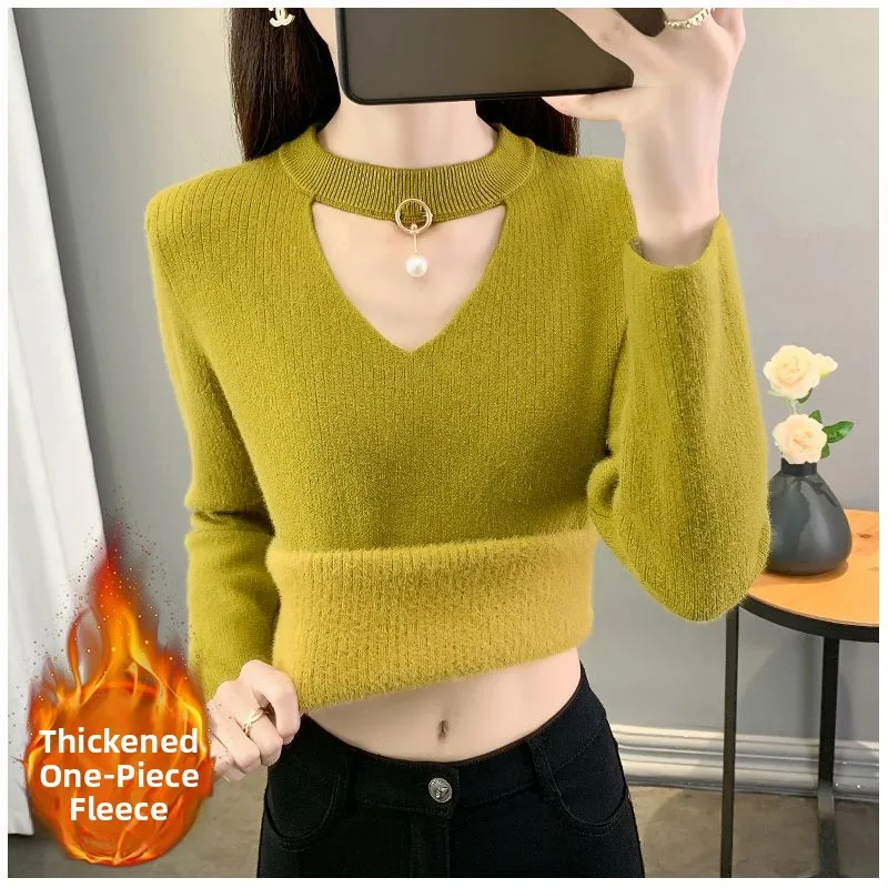 

Thiened Knitted Fce Ne Hanging V-ne-piece Velvet Women's Sweater Korean Sle Base irt Trendy Knitwear Top