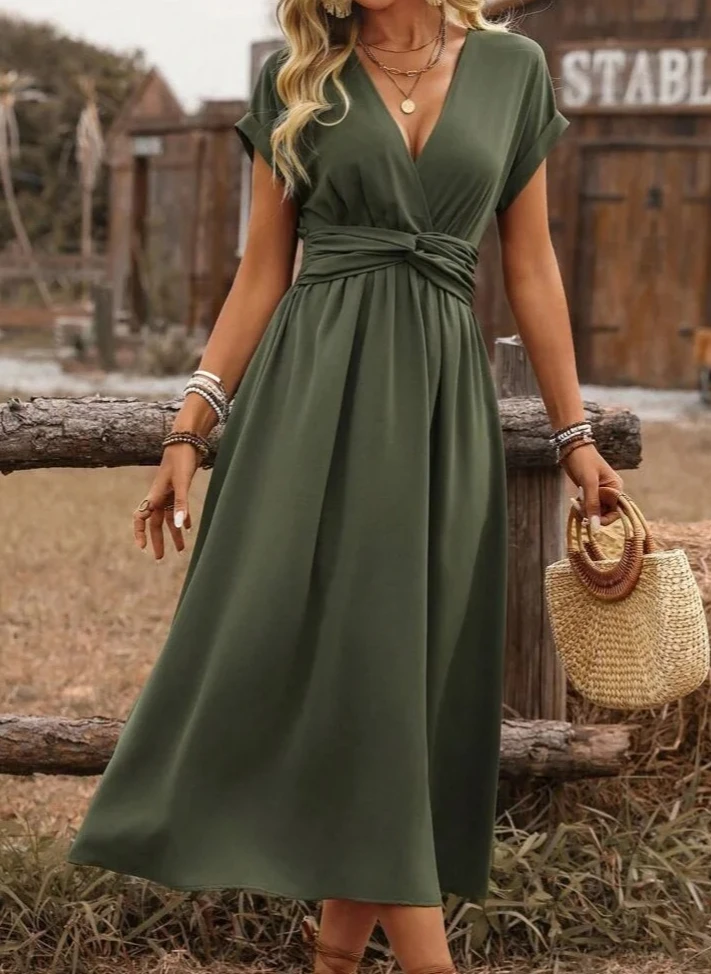 Woman Clothing Deep V Neck Wrap Midi Dress Short Sleeve Tie Waist Casual Boho Style