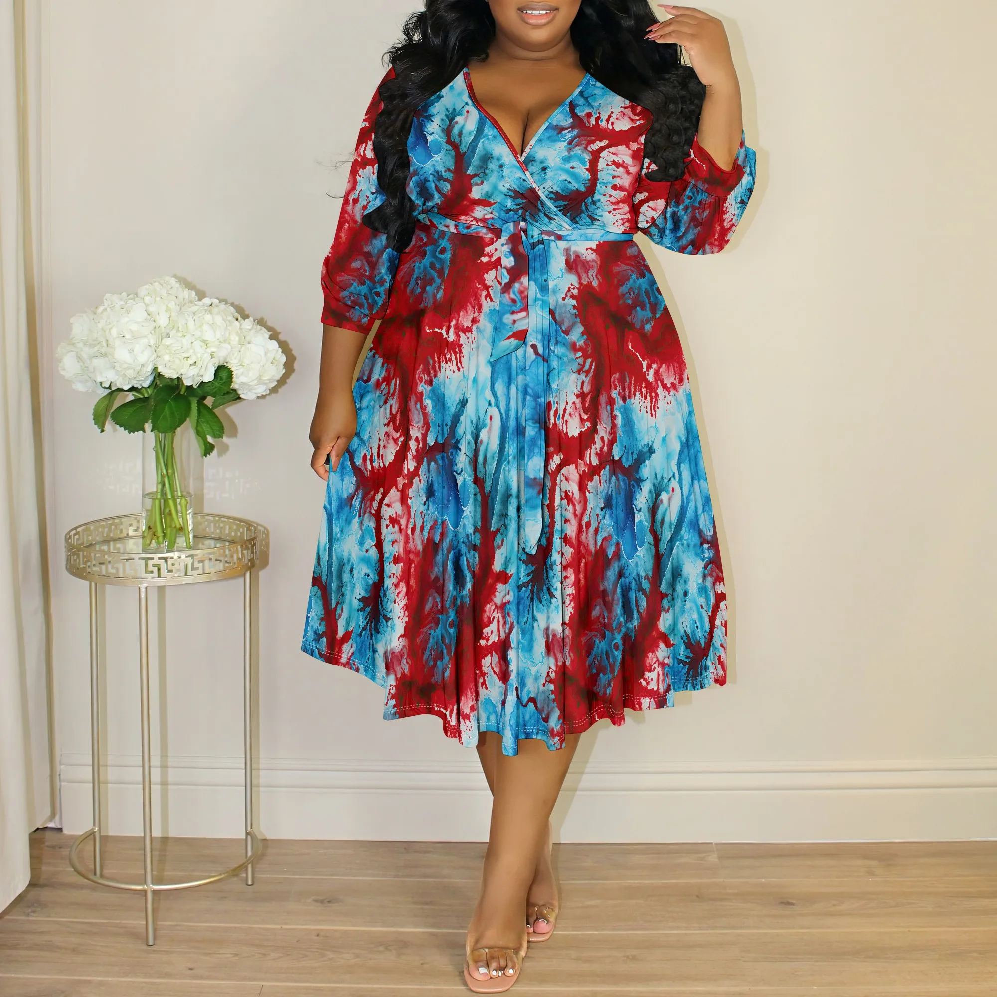 

Tie Dye V-Neck Wrap Dress XL-6XL Red Blue Belted Midi Outfit for Plus Size Women July 4th, Juneteenth or Summer Parade Look