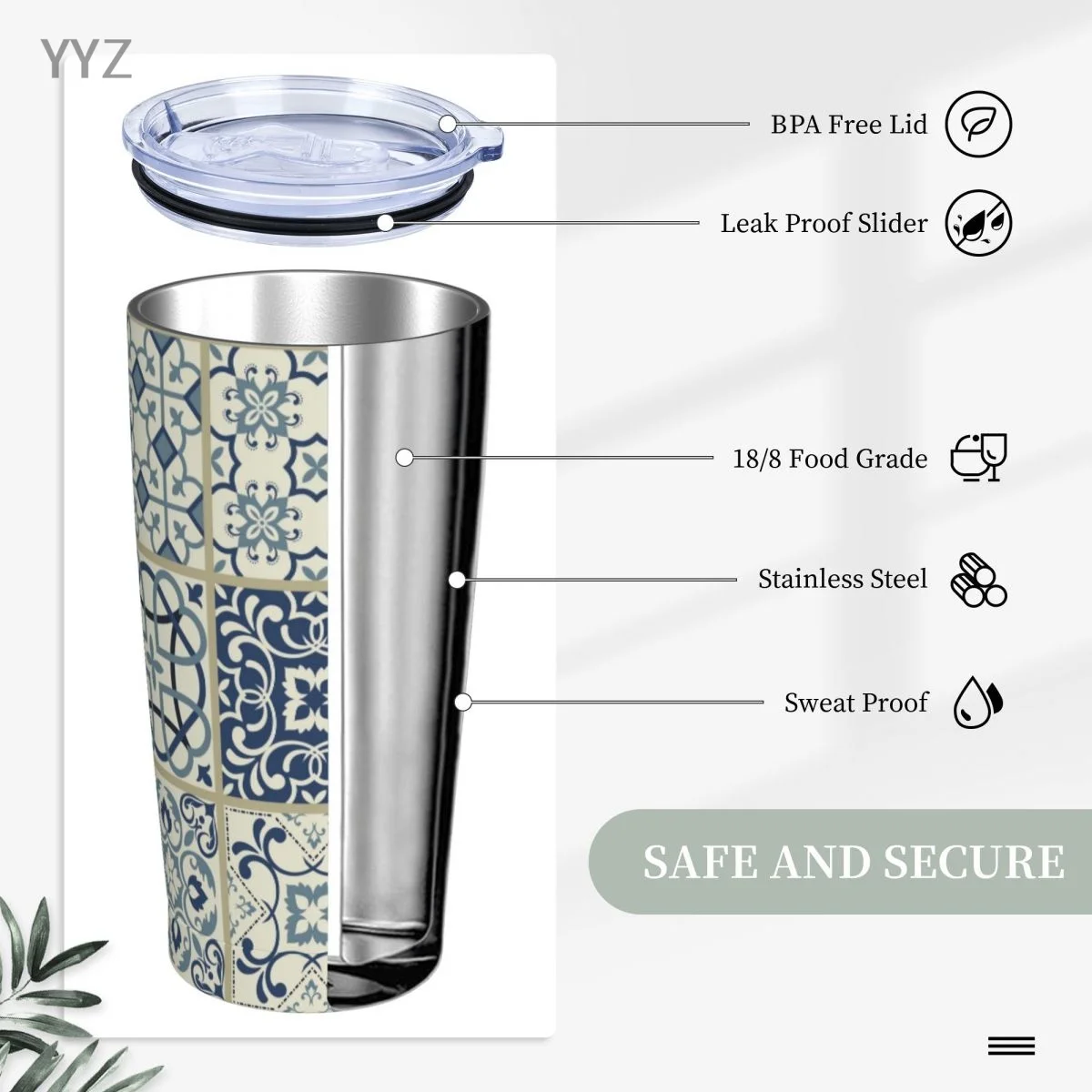 20oz Blue Moroccan tile pattern Tumblers Bulk Stainless Steel Cup with Lid Double Wall Vacuum Insulated Coffee Mug