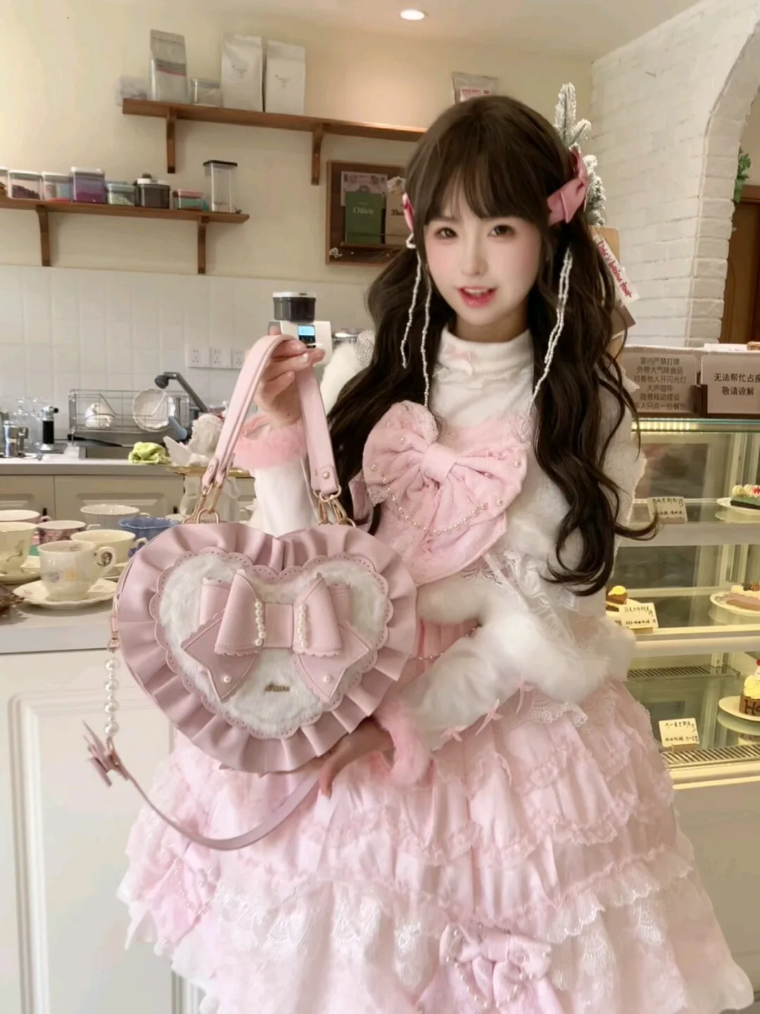 Sweet Pink Heart Shape Lolita Bag With Bow Plush  Original Kawaii Crossbody Handbag For Women Perfect For Sweet Lolita Fashion view 4