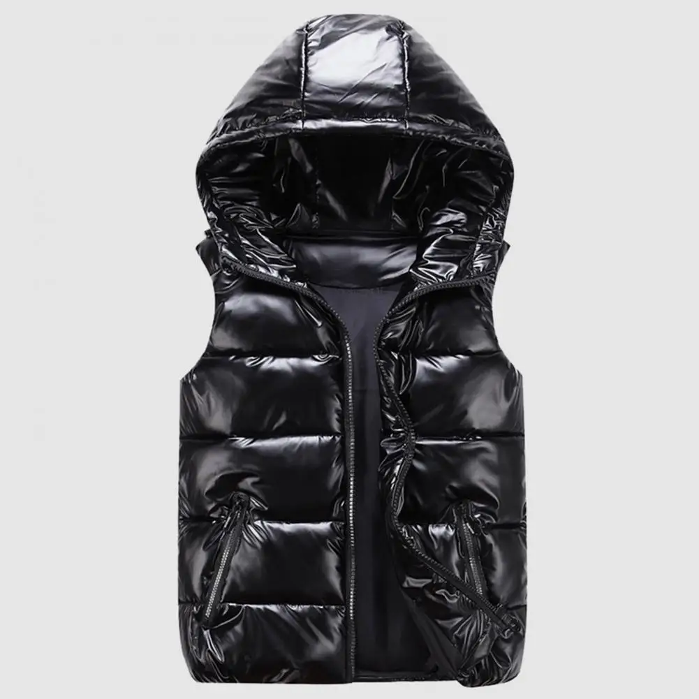 Winter Vest Bright Surface Coat Women Black Stand Collar Hooded Vests Women Fashion Zipper Elegant Short Vests Female Vest