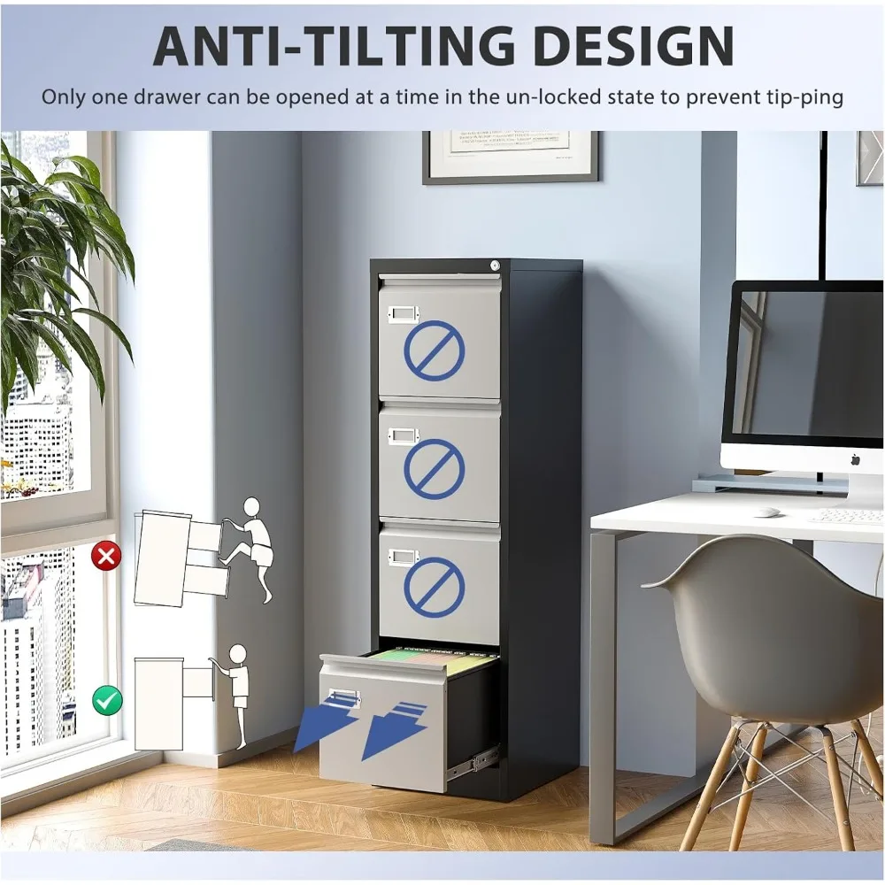 خزانة ملفات معدنية بقفل عمودي للمكتب المنزلي - خزانة تخزين بأربعة أدراج مع أمان