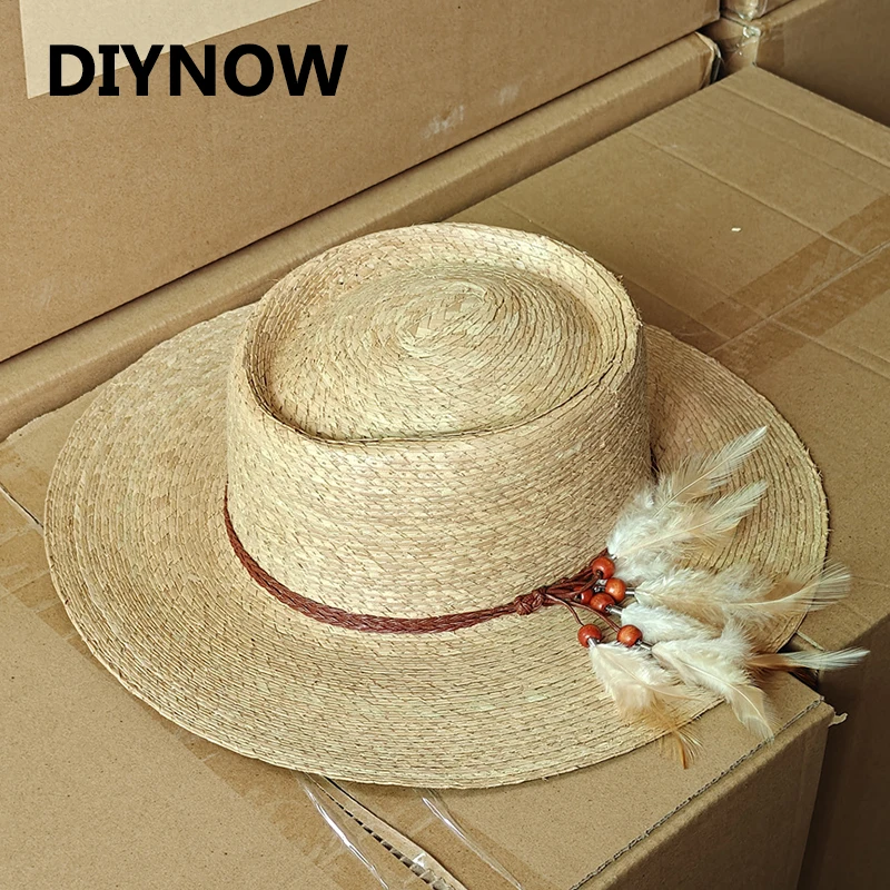 2026New Natural Palm Leaf Straw Hat for Women Men Summer Beach Jazz Sun Hat Wide Brim Flat Panama Hat Mexican Vacation Chapeau