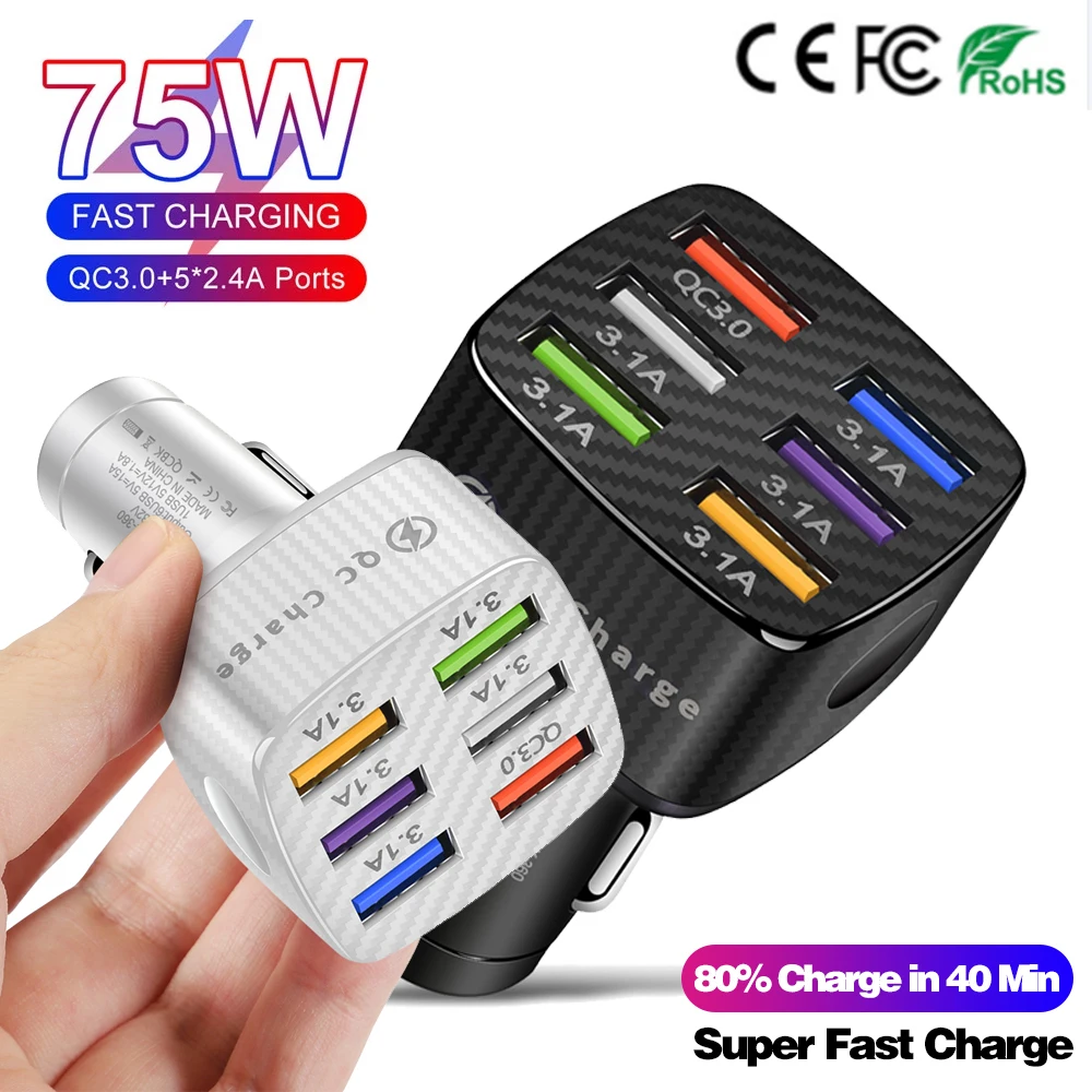 

75W Car Charger 15A 6 USB Ports Smart Fast Charge QC3.0 Square Charger Universal Accessories For Mobile Phone