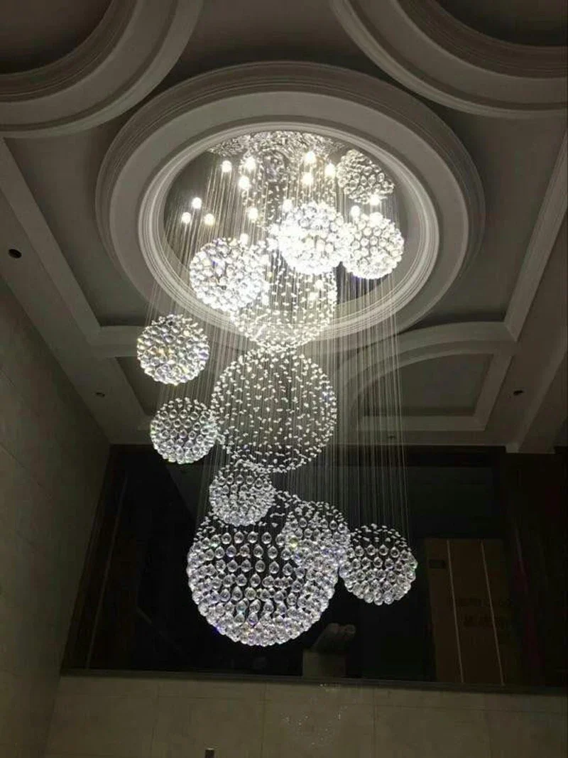 Lustre en cristal moderne K9 pour escaliers, grande boule de cristal, lampe à LED, design en spirale, luminaires de salon, 11 pièces