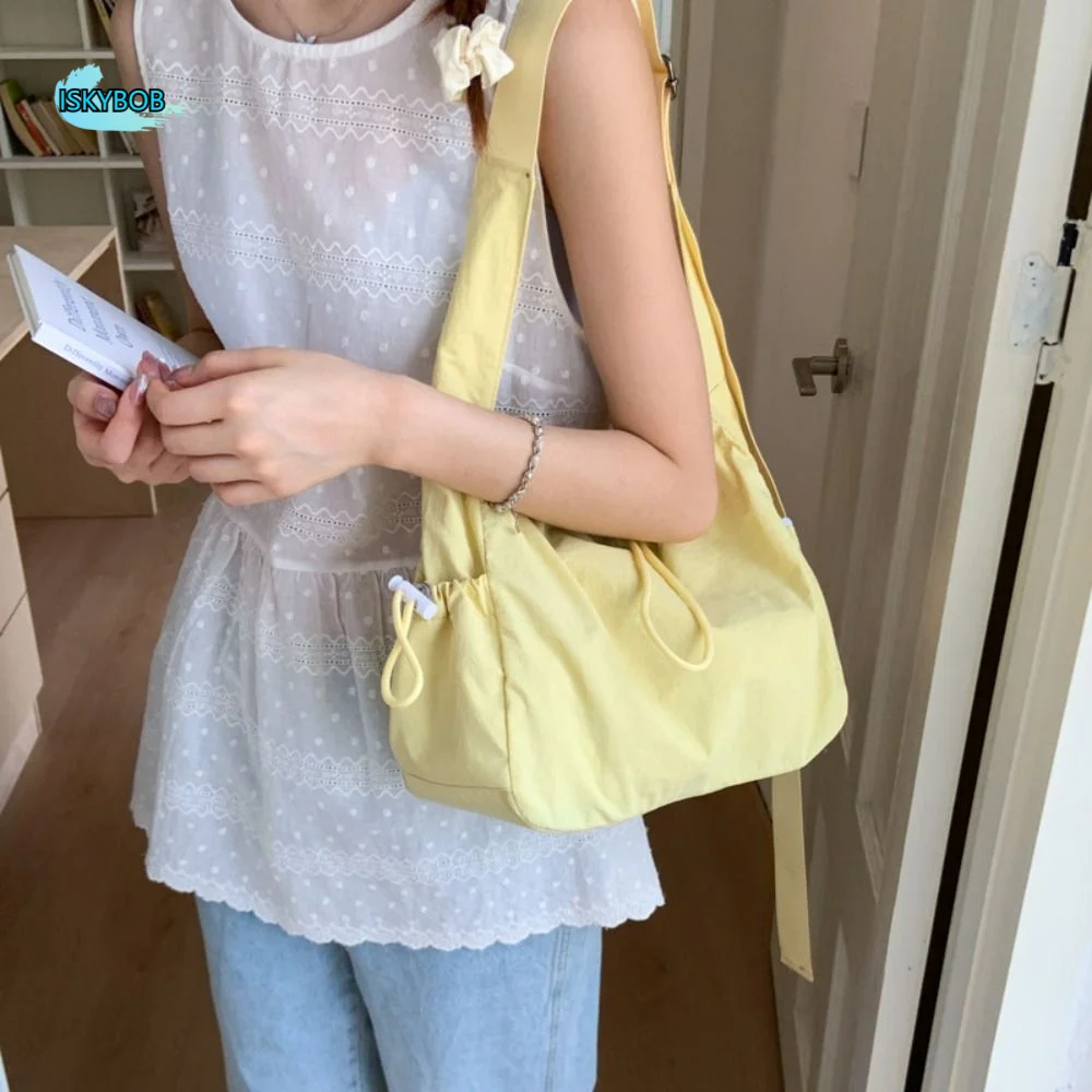 

Trendy Korean Nylon Shoulder Bag Large Capacity Pleated Drawstring Tote Bag Waterproof Commut Crossbody Bag Girls