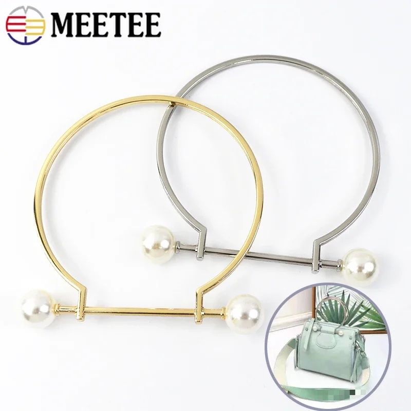 Meetee 2Pcs O D Ring Metal Handles Pearl Decoration 9.5cm Circle Buckle for Handbag Rings Hook Leather Crafts DIY Accessories