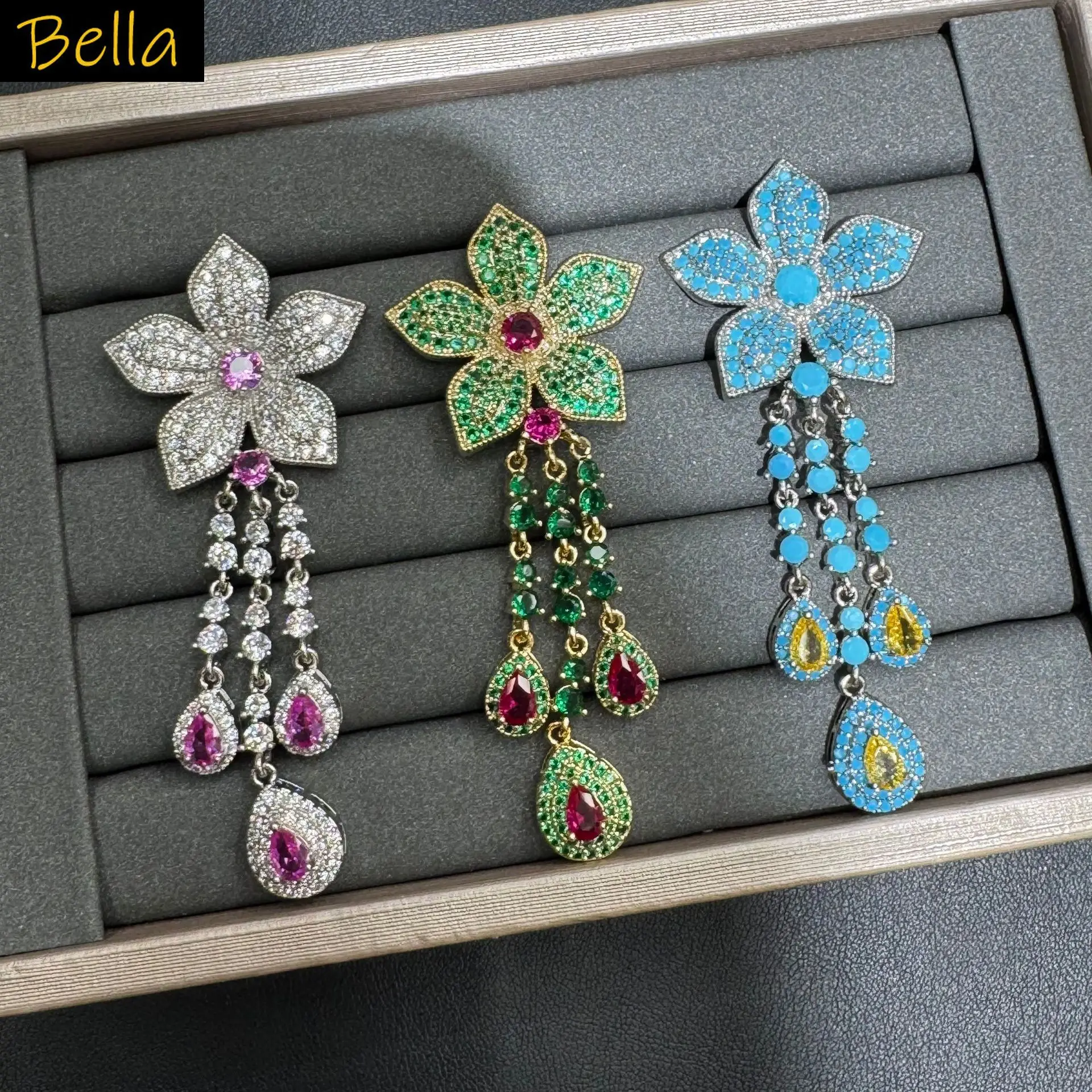 

fashion unique cubic zirconia earrings for women jewelry gala event party flower dangling earrings long green blue pink