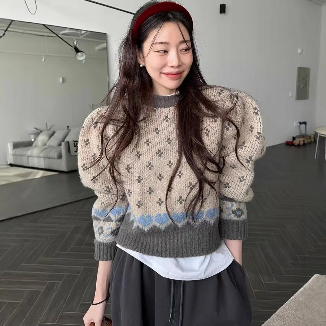 

Vintage Print Patchwork Cropped Sweater Women Knitted Pullovers Winter Korean Long Sleeve Harajuku Knitwear Casual Jumper свитер