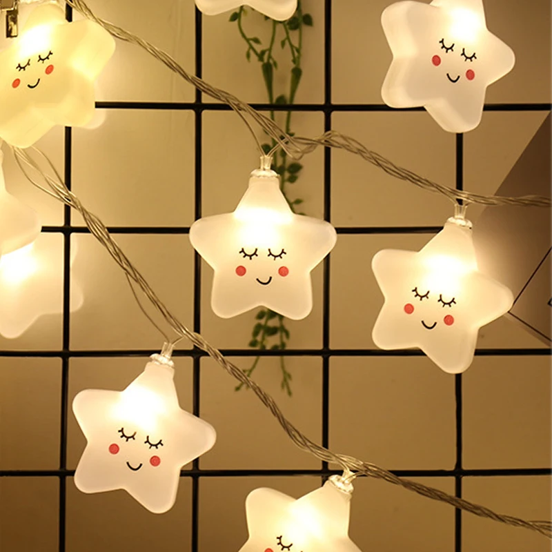 Guirnalda de luces LED con forma de estrella sonriente para niños, decoración de noche con batería/recarga USB, decoración de dormitorio, lámparas