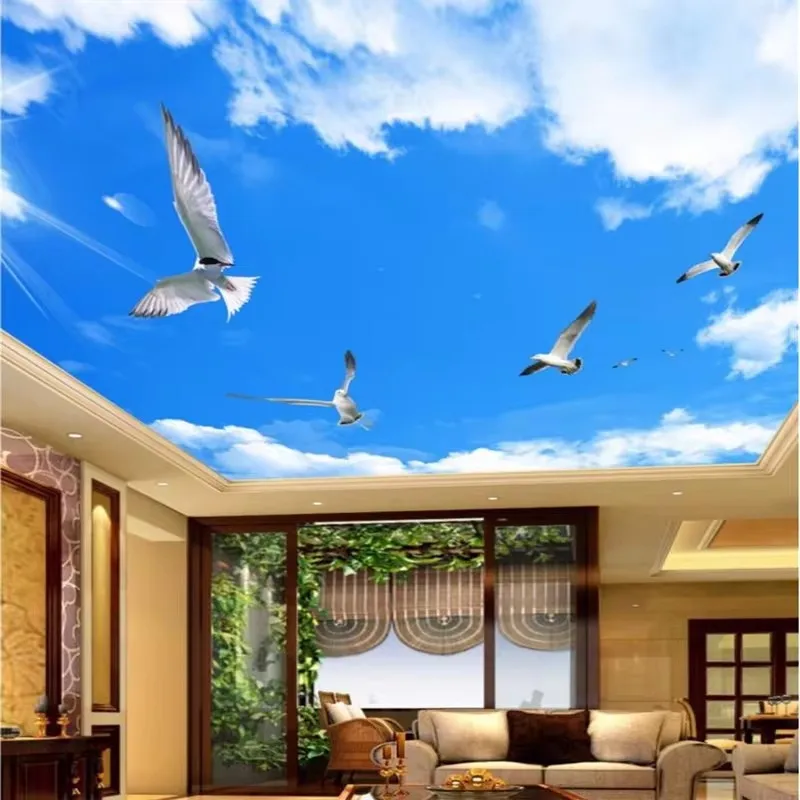 Custom Wallpaper 3d Photo Mural Blue Sky White Cloud Flying Bird Ceiling Zenith Mural papel de parede wallpapers home decor обои