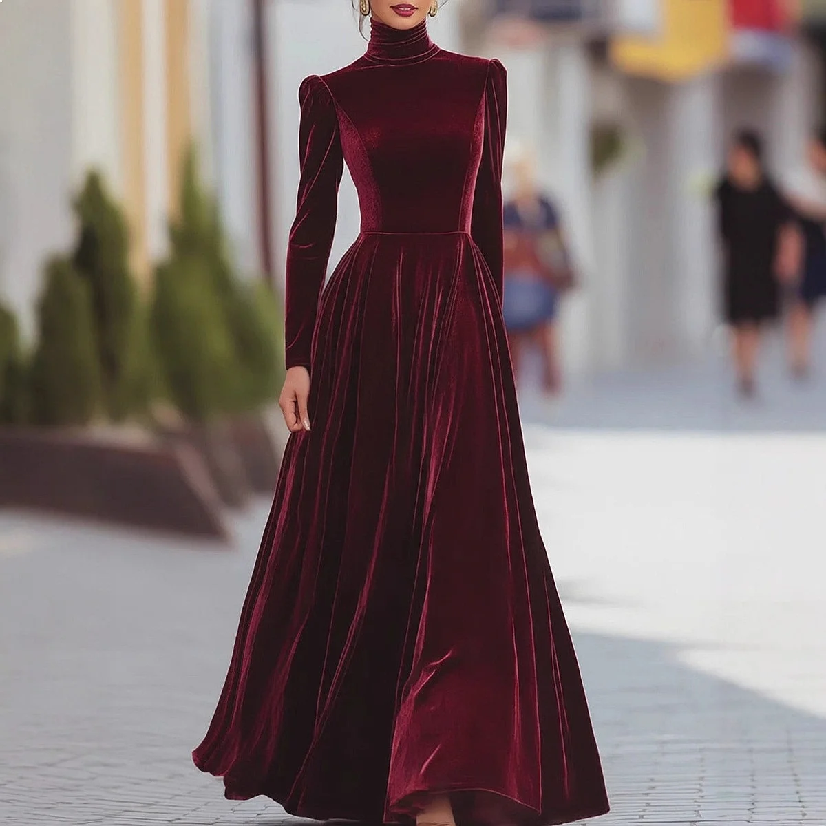 

Elegant Velvet Long Dress Bubble Sleeve High Neck A-Line Dresses for Women Spring Summer Flowy Maxi Dresses