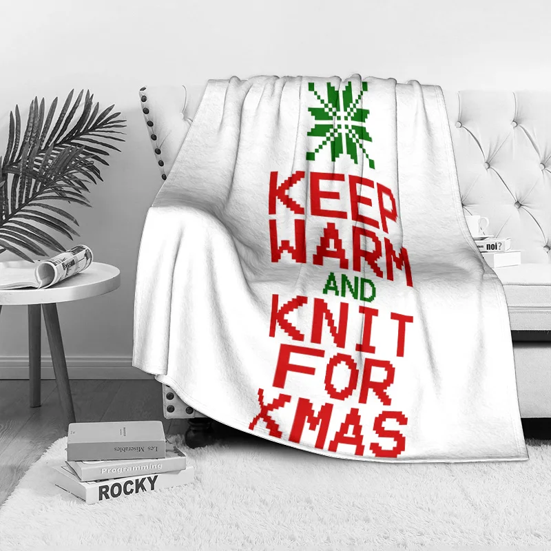 Keep Warm and Knit for Xmas Fleece Blanket, Red Green Text with Snowflake Pattern, Cozy Literary Christmas Throw for Book Lovers