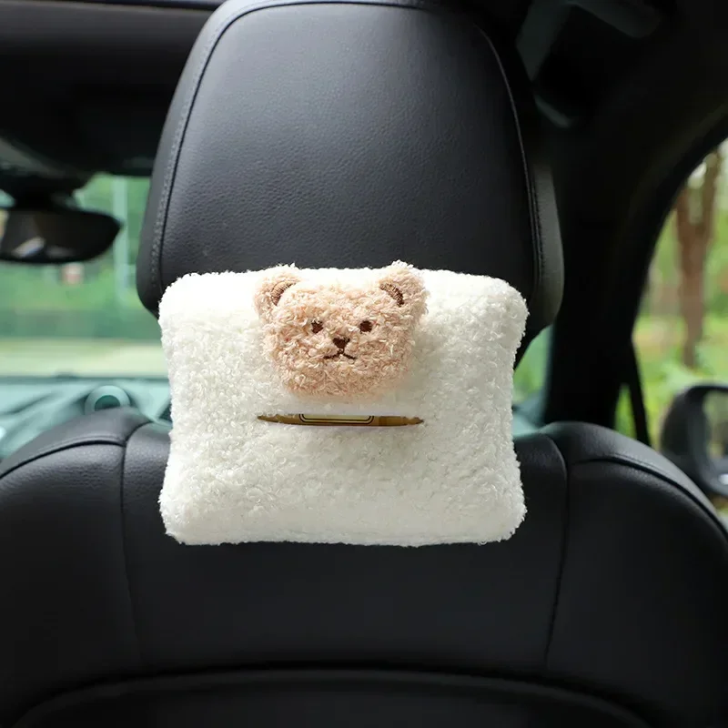 Caja de pañuelos de coche de felpa de oso lindo, diseño cuadrado suave portátil para una fácil recarga y encanto estético, accesorios interiores de coche